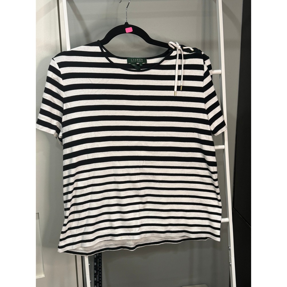 Lauren Ralph Lauren Striped Cotton Top Black White Lace Up Shoulder XL Nautical